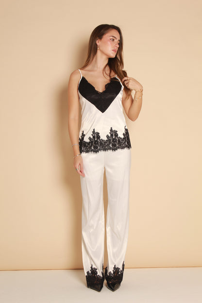Lace Trim Satin Top — White & Black