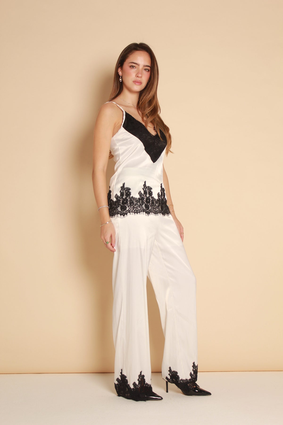 Lace Trim Satin Top — White & Black