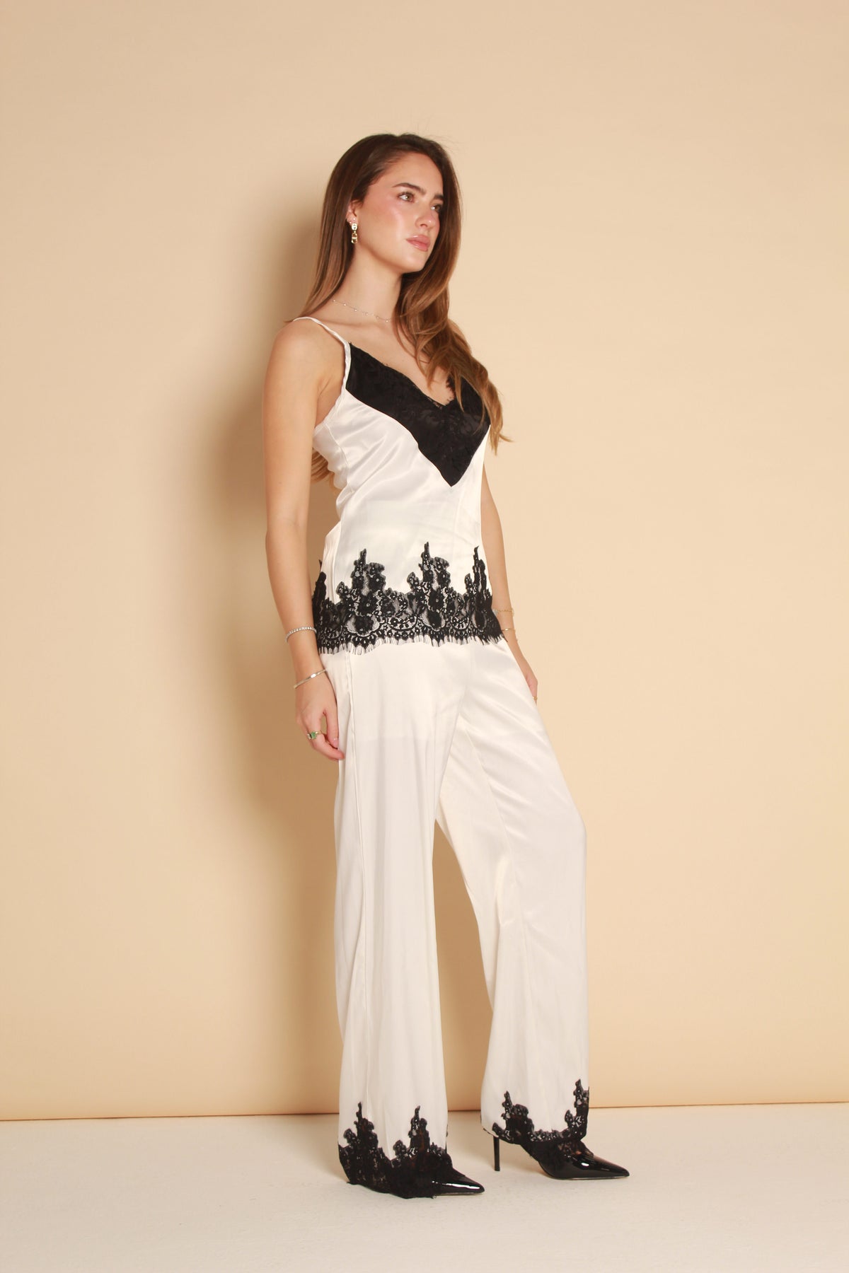 Lace Trim Satin Top — White & Black