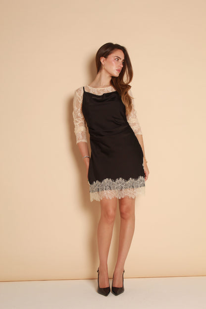 Lace Trim Satin Mini Dress — Black & Ivory