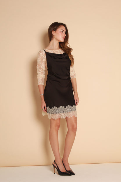 Lace Trim Satin Mini Dress — Black & Ivory
