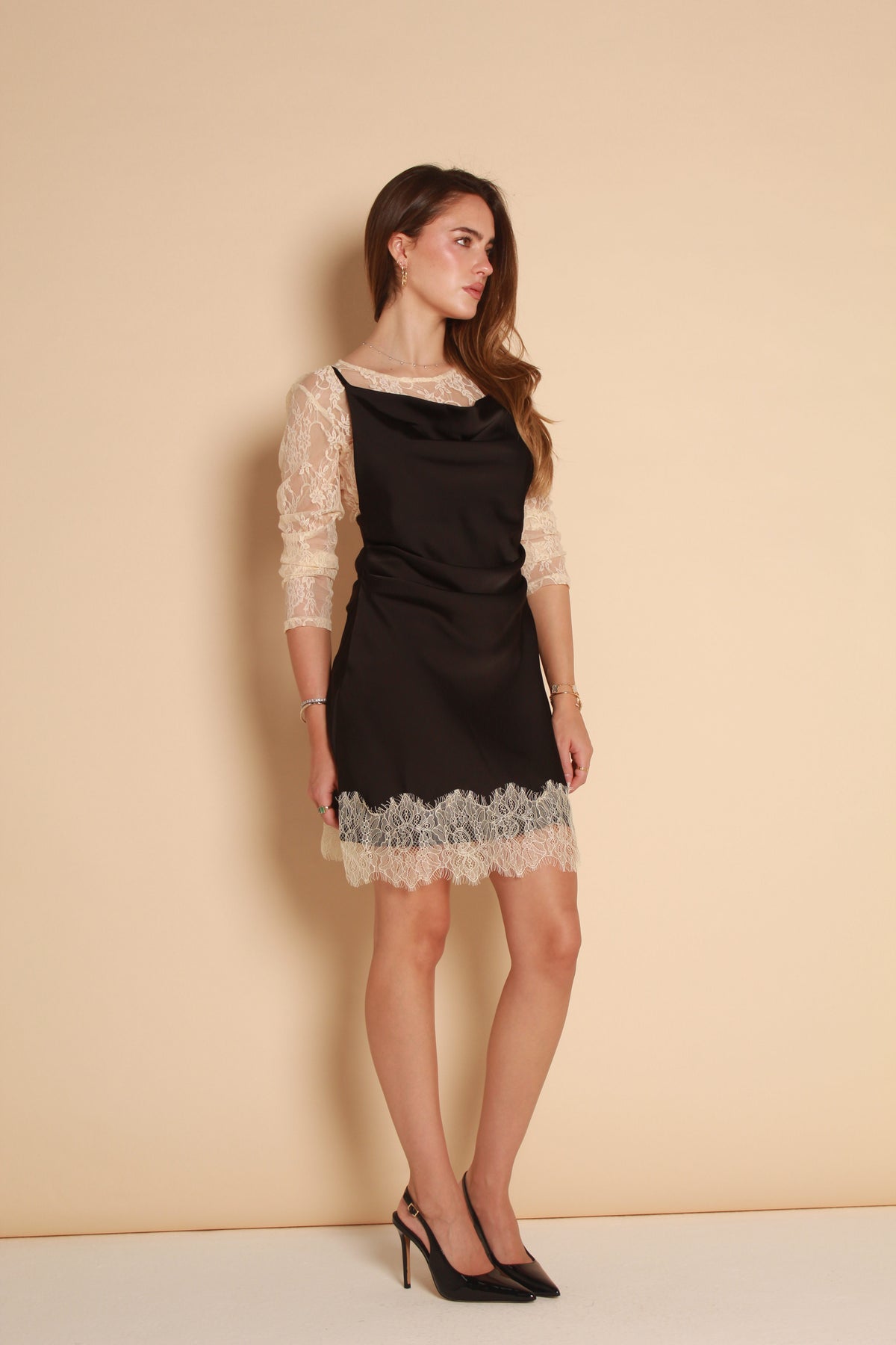 Lace Trim Satin Mini Dress — Black & Ivory