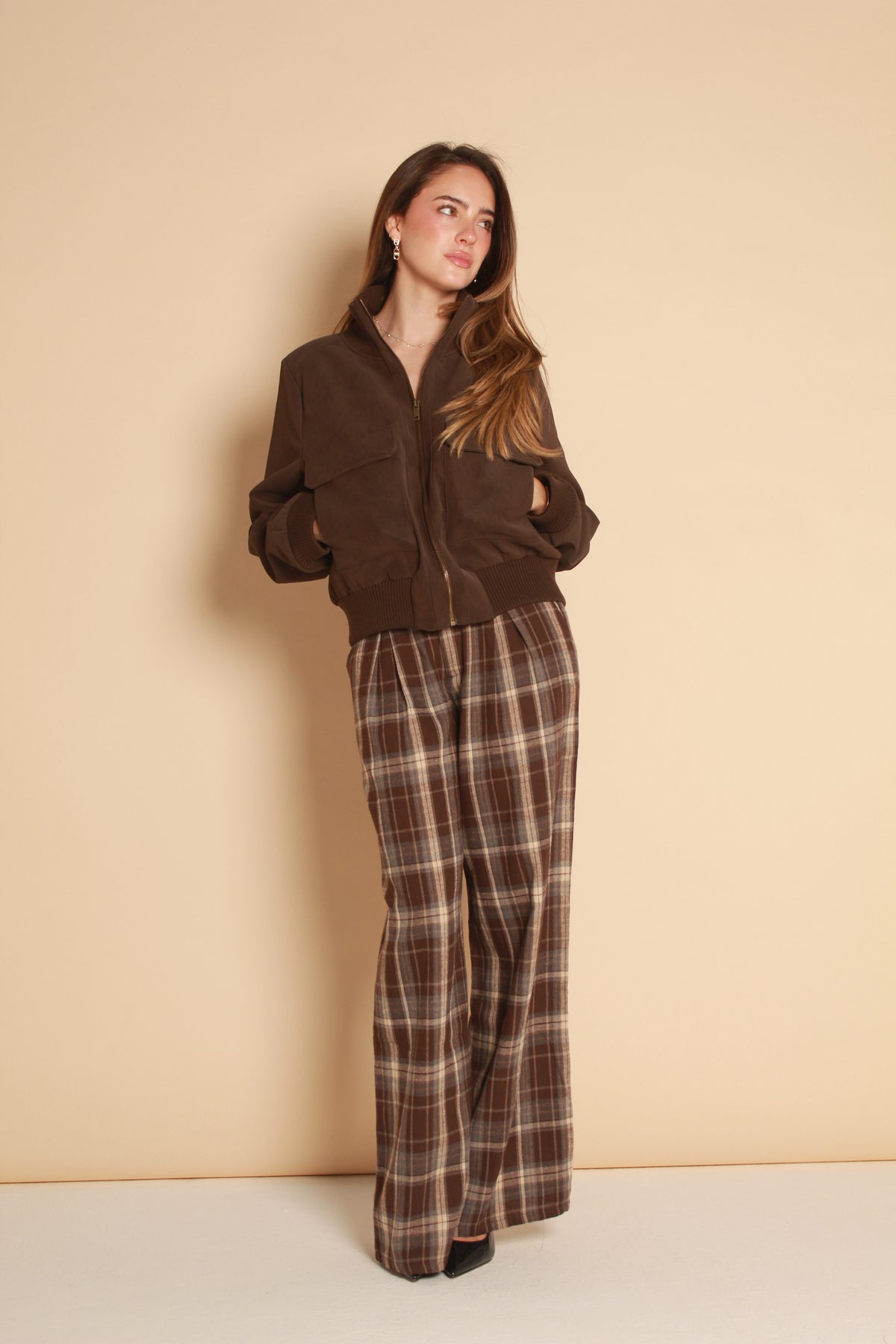 Plaid Wide Leg Pants — Brown & Ivory