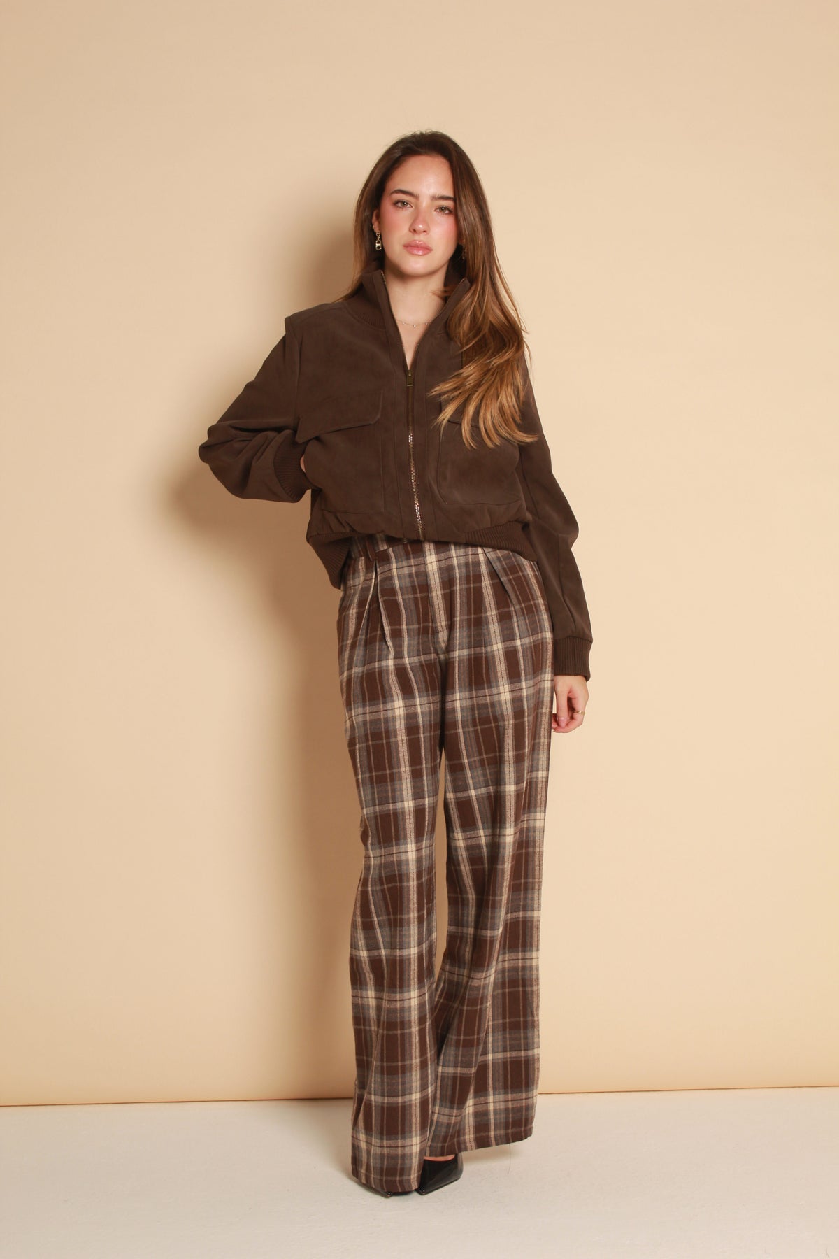 Plaid Wide Leg Pants — Brown & Ivory