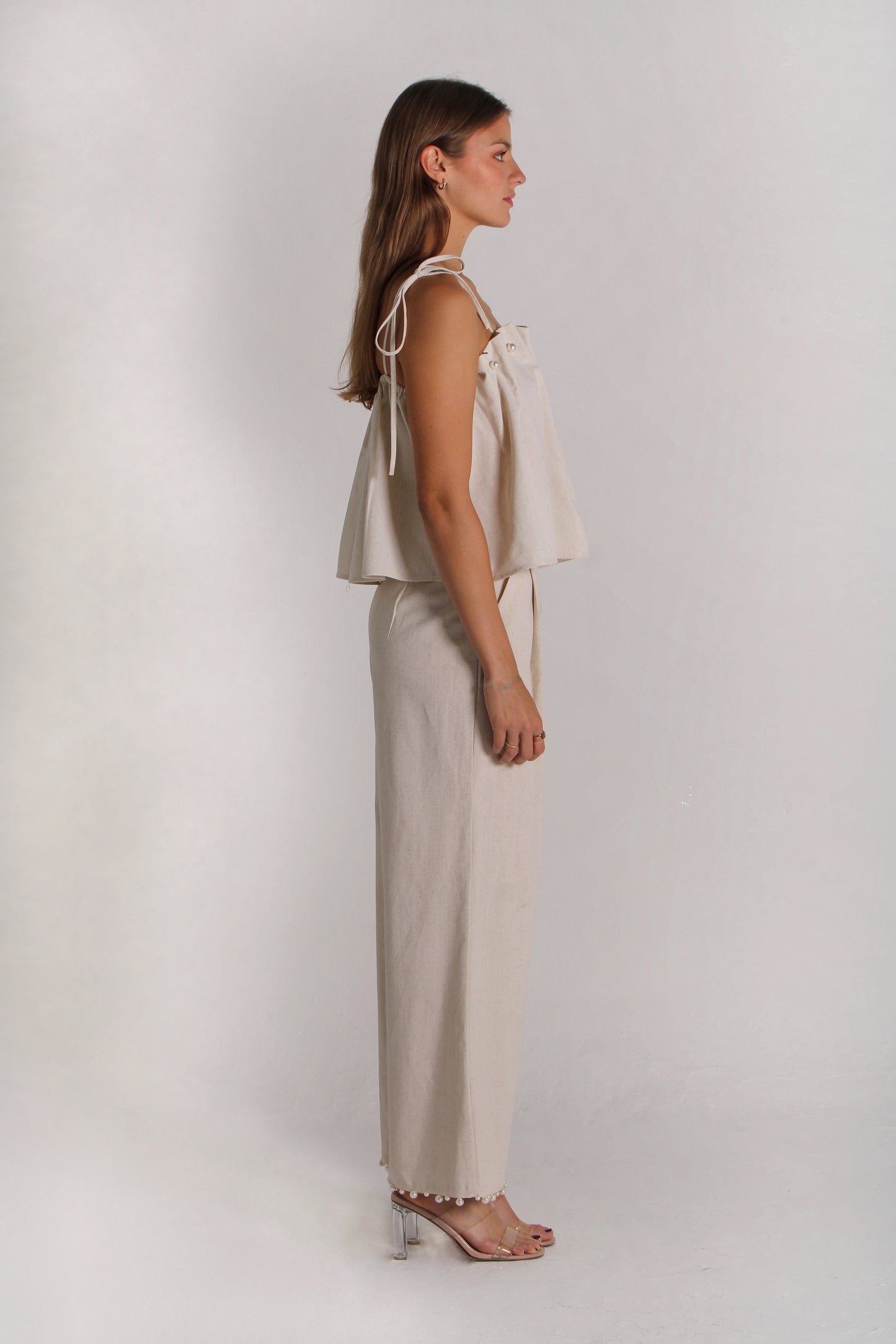 Biege Linen Pants With Pearls