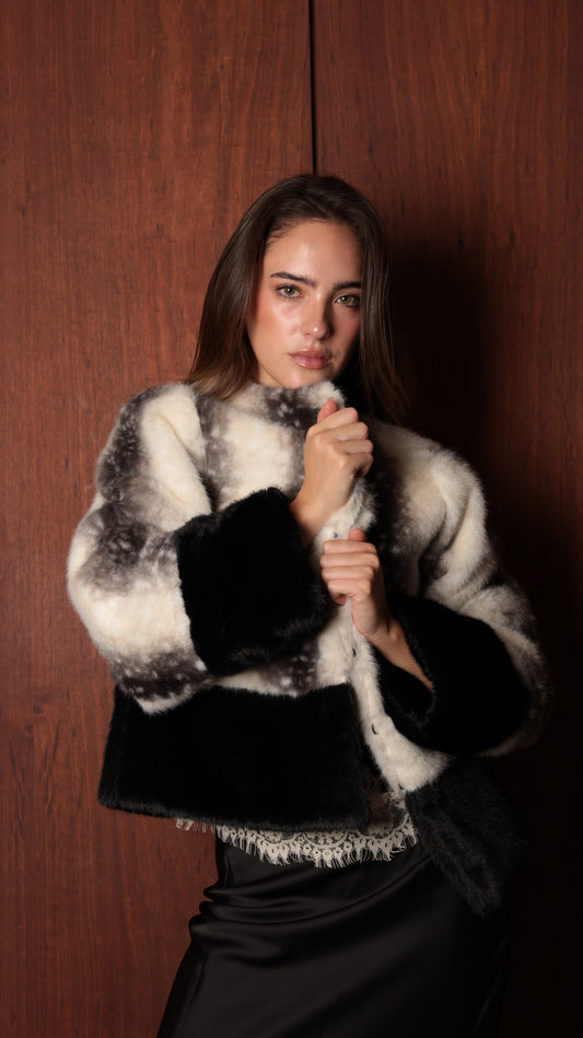Contrast Faux Fur Jacket, Cropped Silhouette