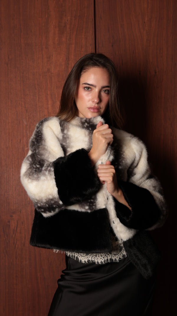 Contrast Faux Fur Jacket, Cropped Silhouette