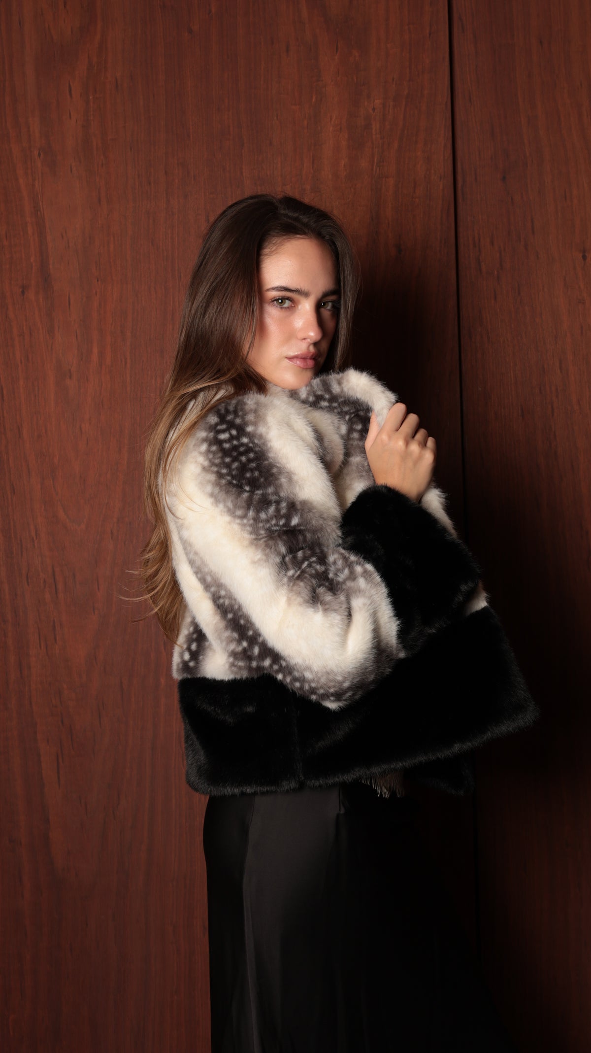 Contrast Faux Fur Jacket, Cropped Silhouette