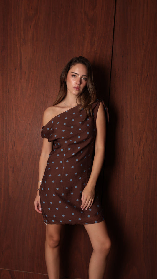 Asymmetric Mini Dress — Chocolate Brown & Blue Polka Dots
