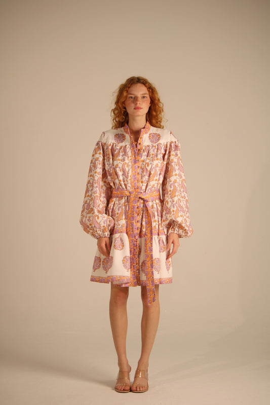 Beige Dress With Lilack And Orange