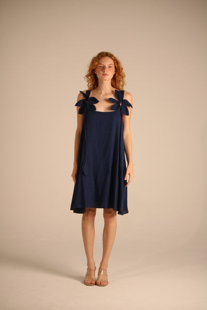 Denim Blue Dress With Flower