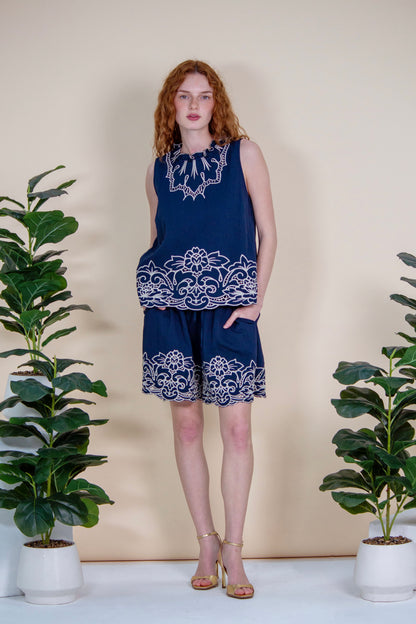 Navy Richelieu Embroidered Shorts