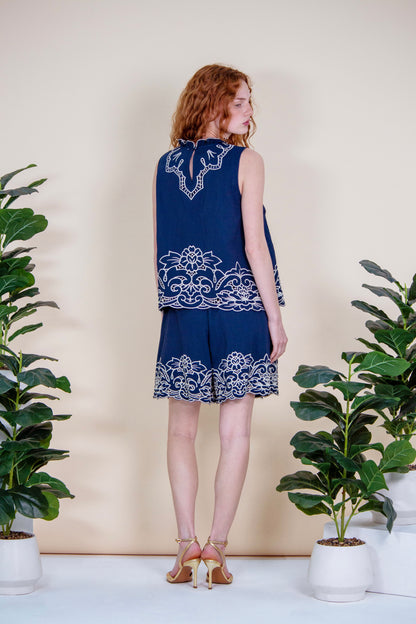 Navy Richelieu Embroidered Shorts