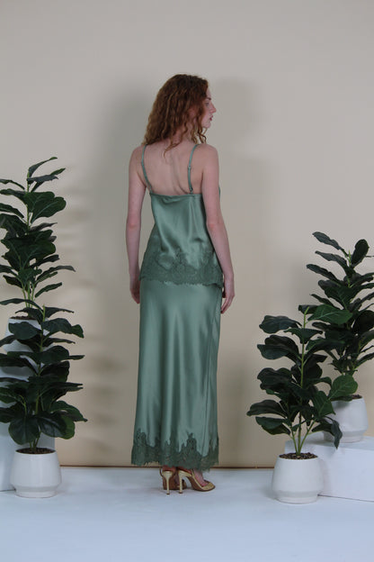 Satin Lace-Hem Maxi Skirt