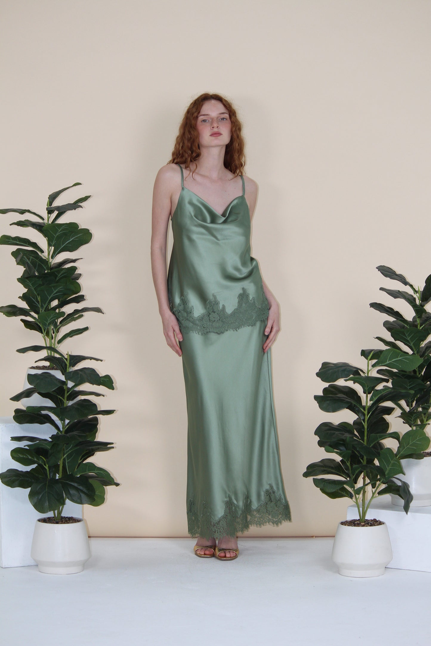 Satin Lace-Hem Maxi Skirt