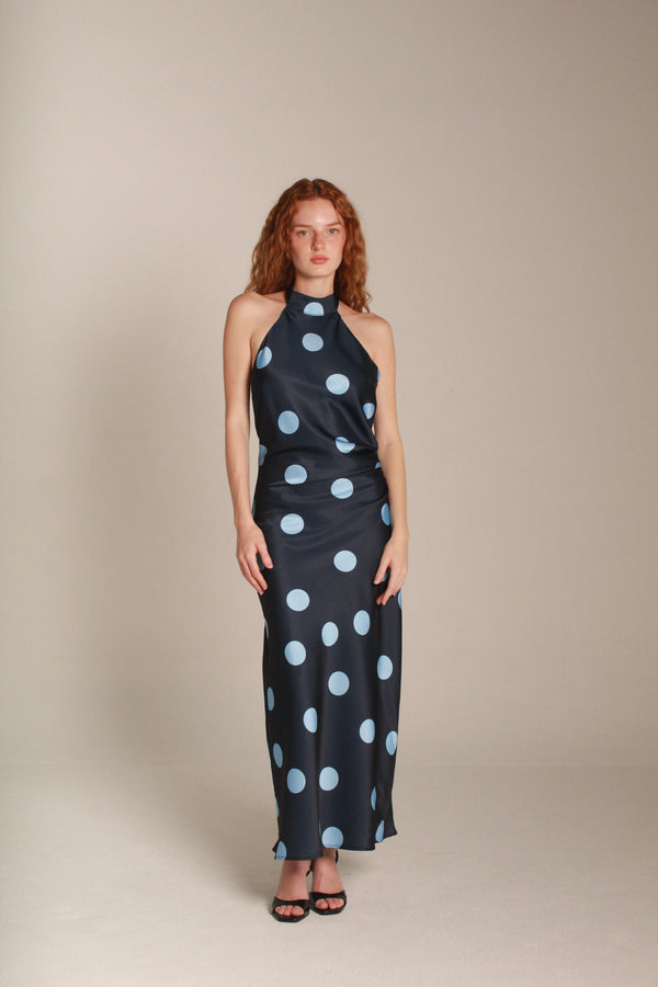 Luna Maxi Dress — Navy Blue & Sky Blue Polka Dot