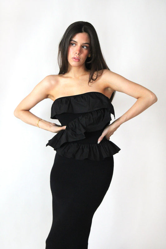 Black Strapless Dress with Ruffles