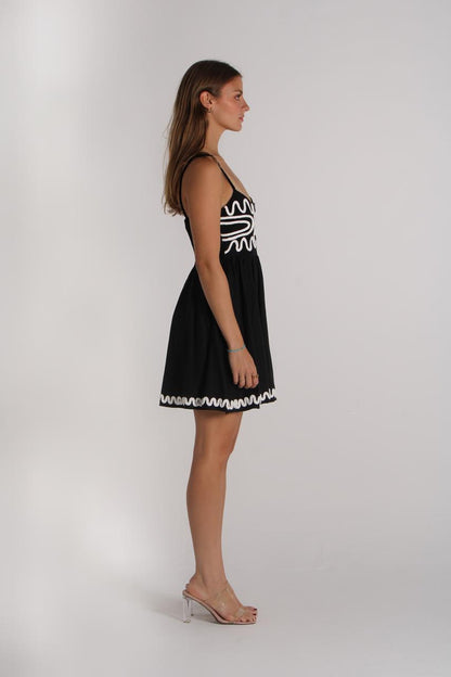 Short Black Dress With Beige Embroidery