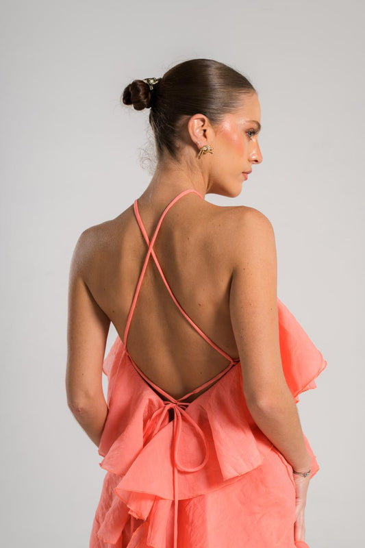 SALMON HALTER DRESS WITH FLOWER