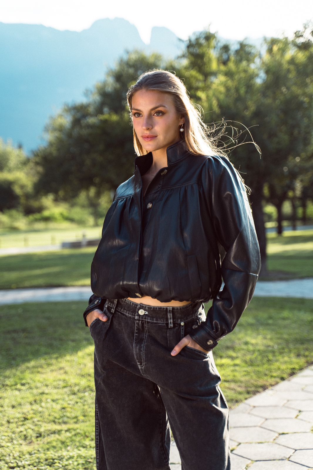 Navy Blue Faux Leather Jacket