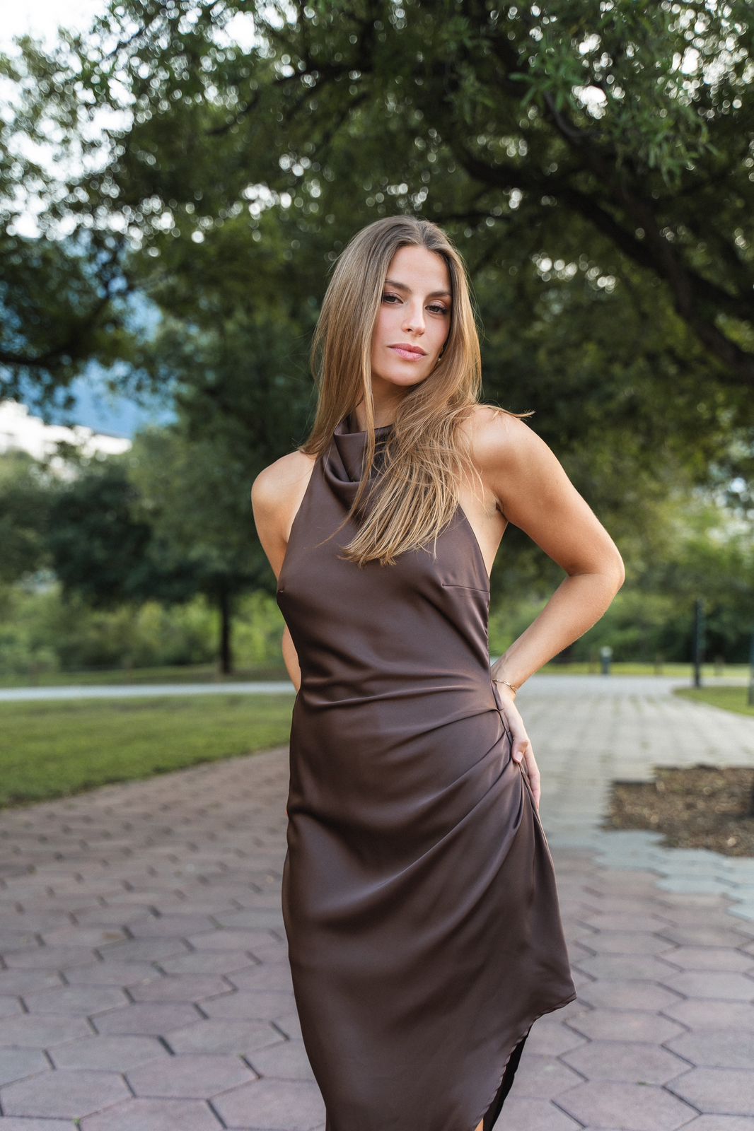 Brown Satin Halter Dress