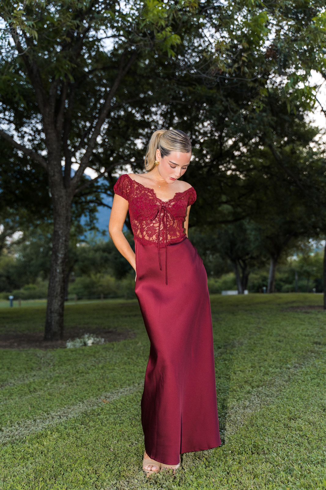 Red Satin Dress with Lace