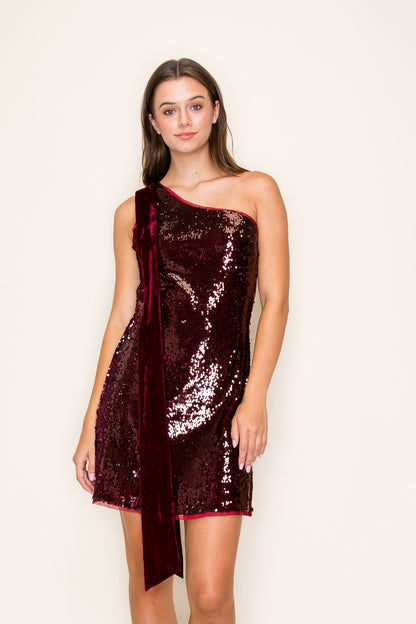 Red Sequin Dress with Shoulder Bow