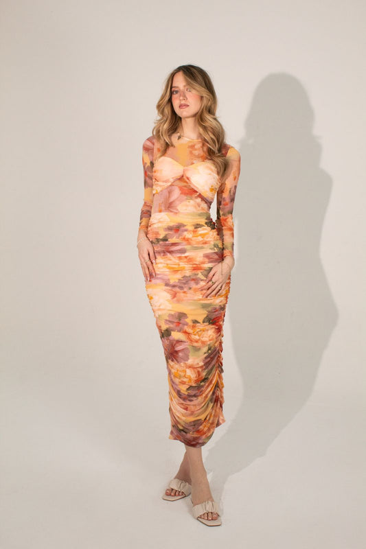 Floral mesh sleeve dress PRE- ORDEN