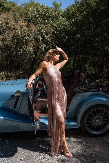 Elara Fringe Dress — Rose Gold