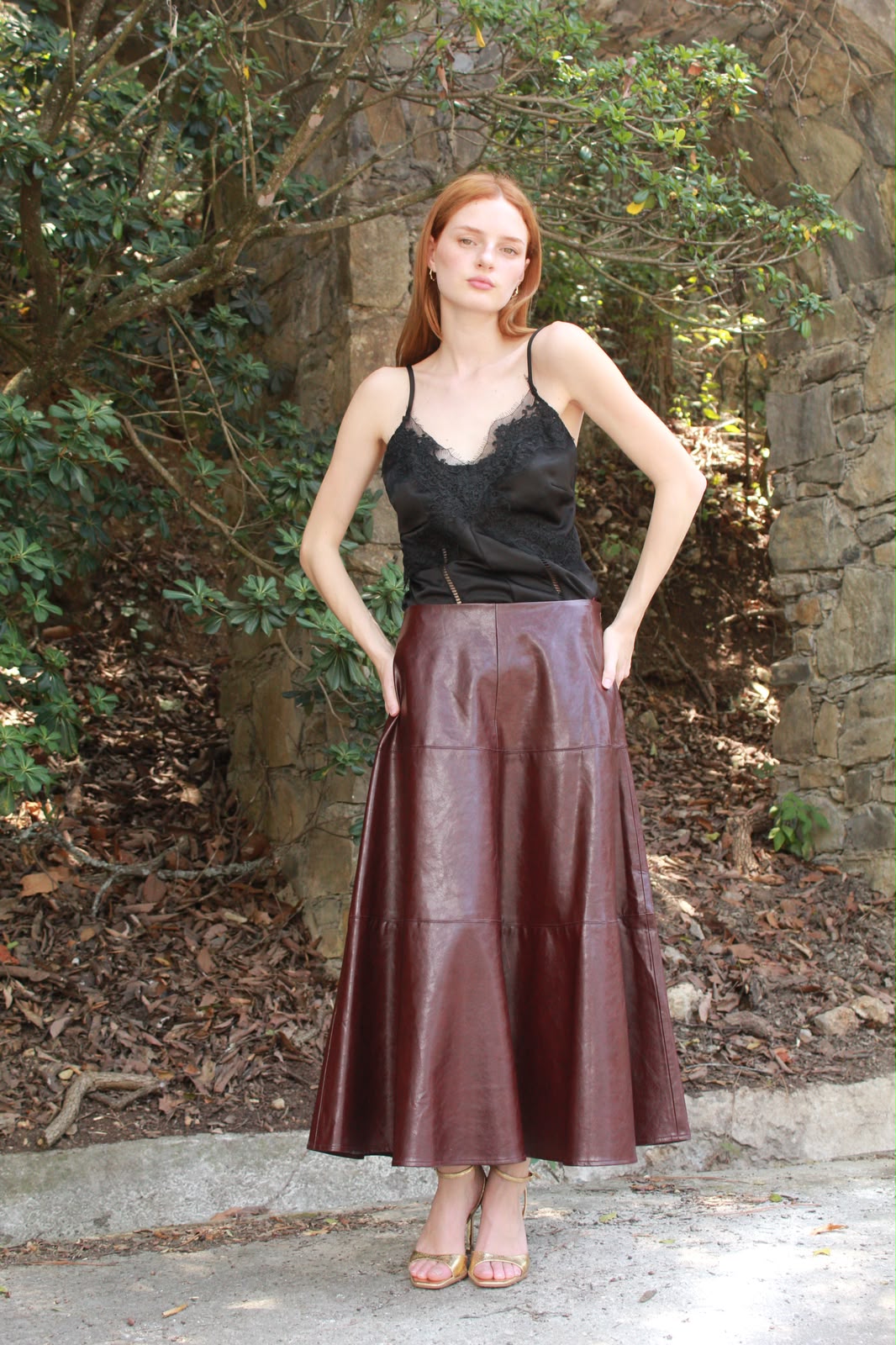 Leather A-Line Skirt — Burgundy