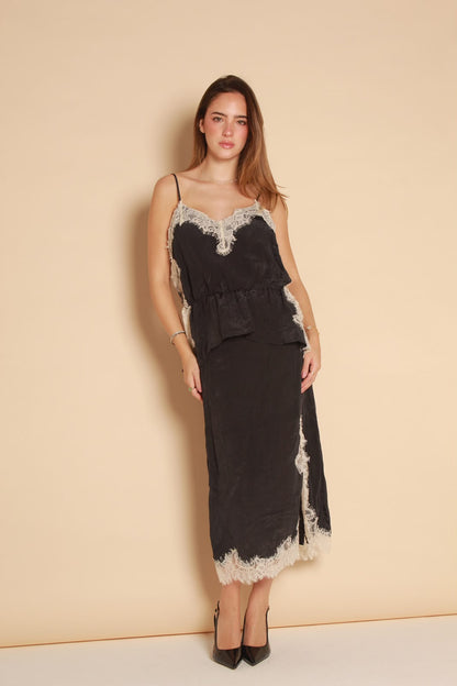 Luna Lace Midi Skirt — Camel & Dark Blue