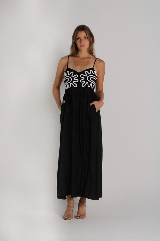 Long Black Dress With Beige Embroidery