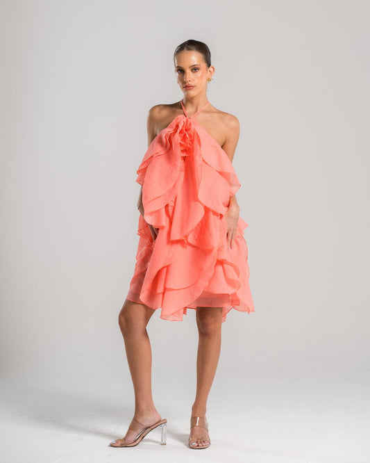 SALMON HALTER DRESS WITH FLOWER