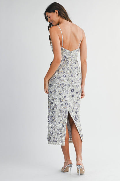 SILVER SEQUIN DRESS WITH LILAC FLOWERS