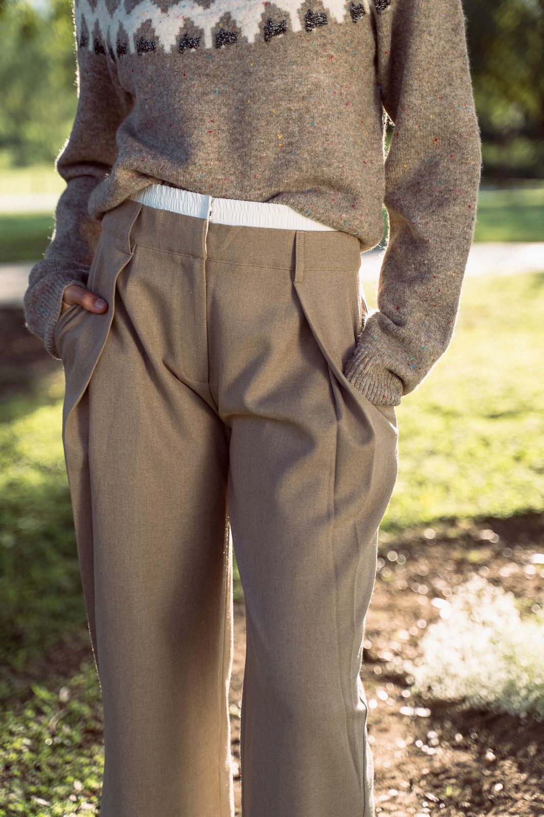 Beige Pants with White Waistband