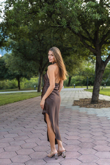 Brown Satin Halter Dress