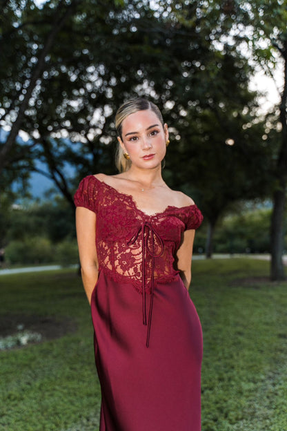 Red Satin Dress with Lace