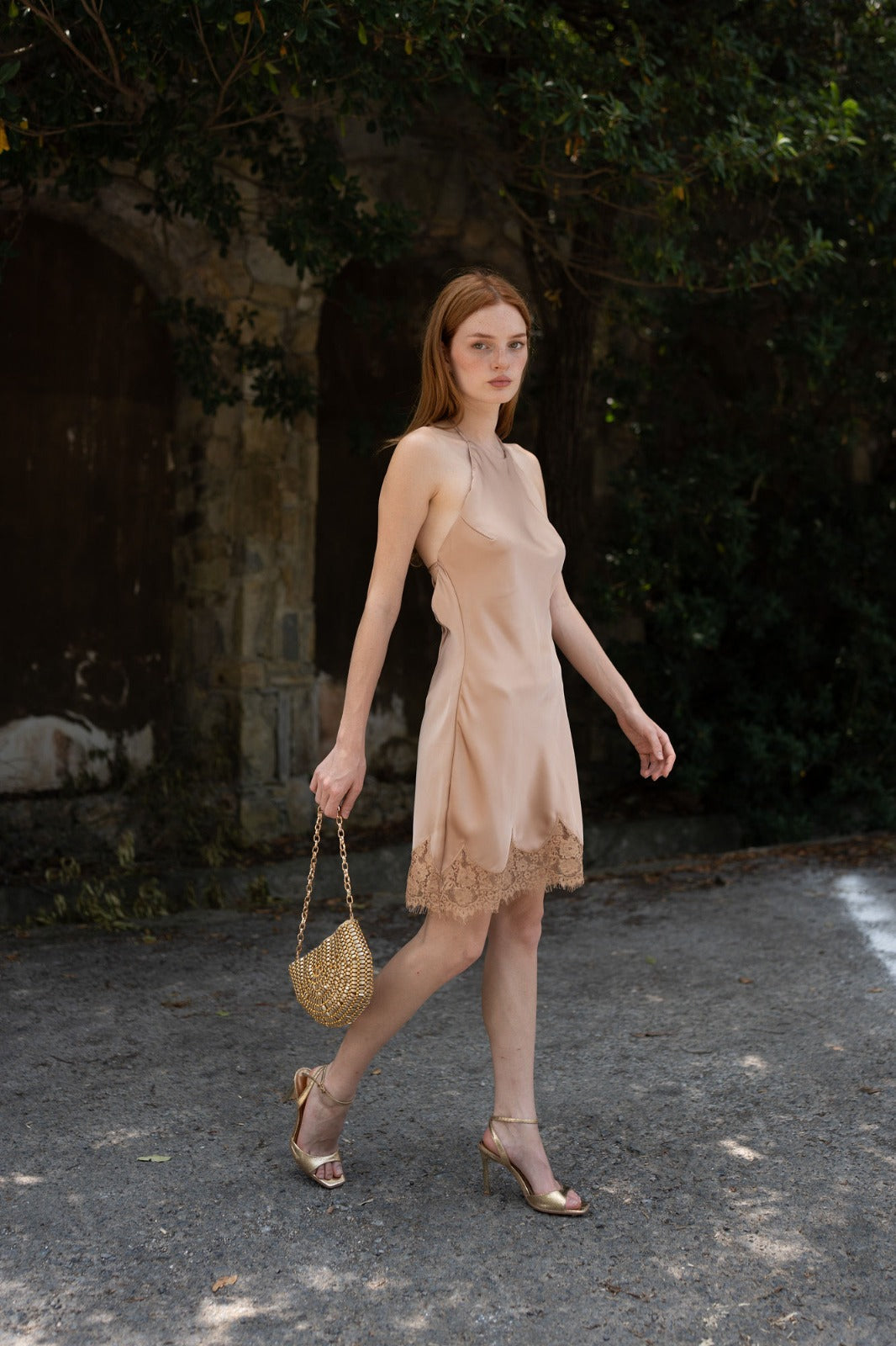 Alessia Satin Dress — Satin Champagne with Lace