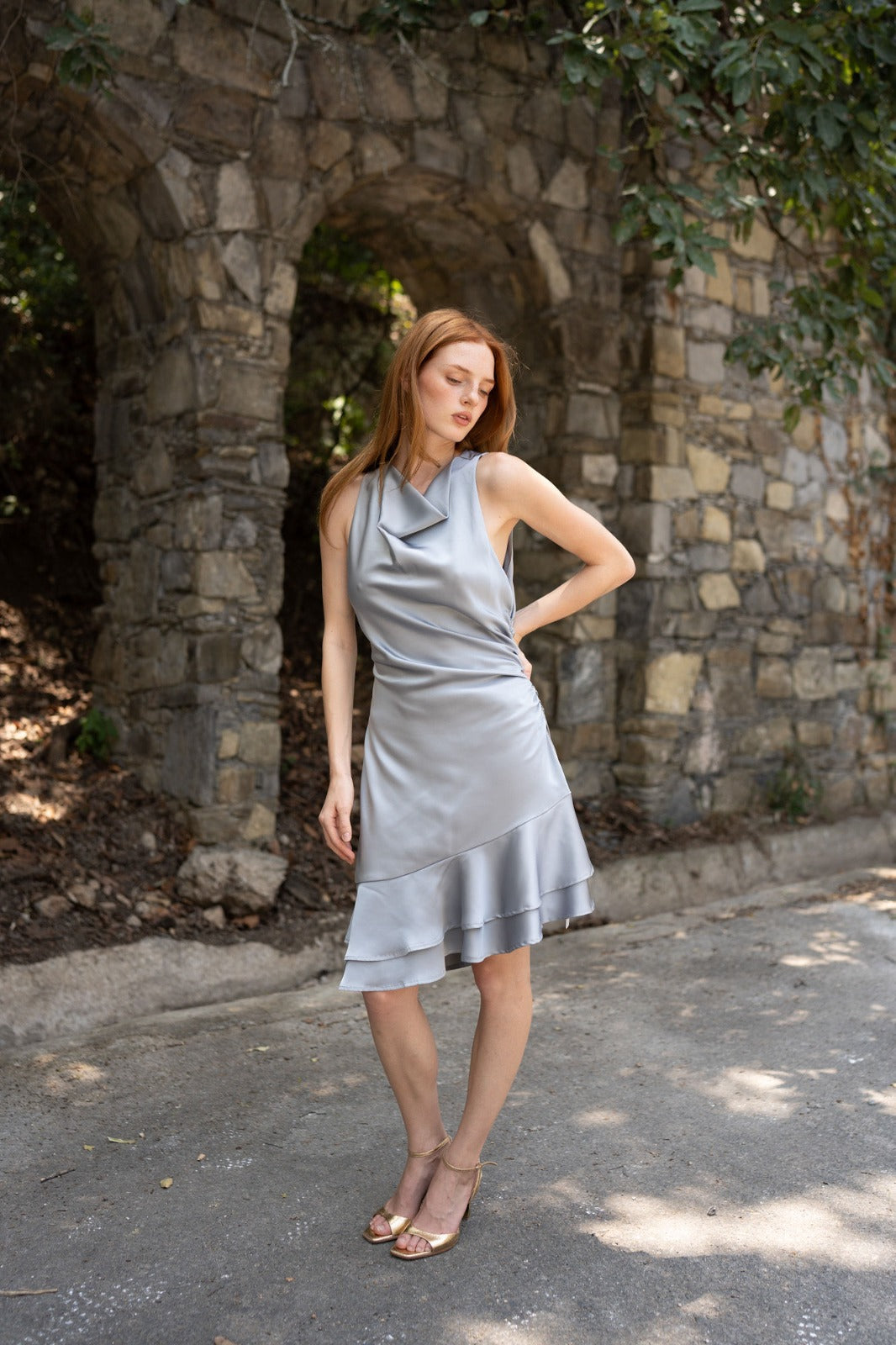 Celeste Satin Dress — Powder Blue Draped