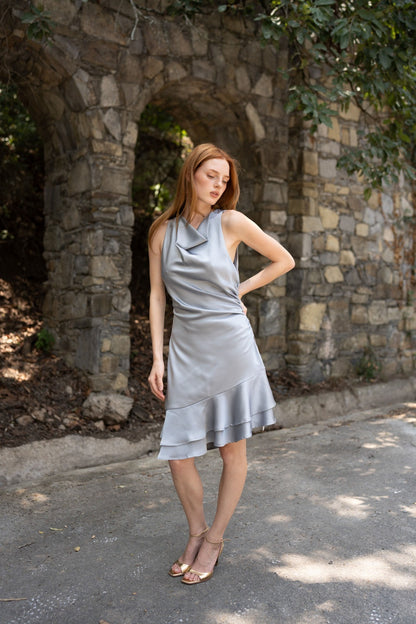 Celeste Satin Dress — Powder Blue Draped