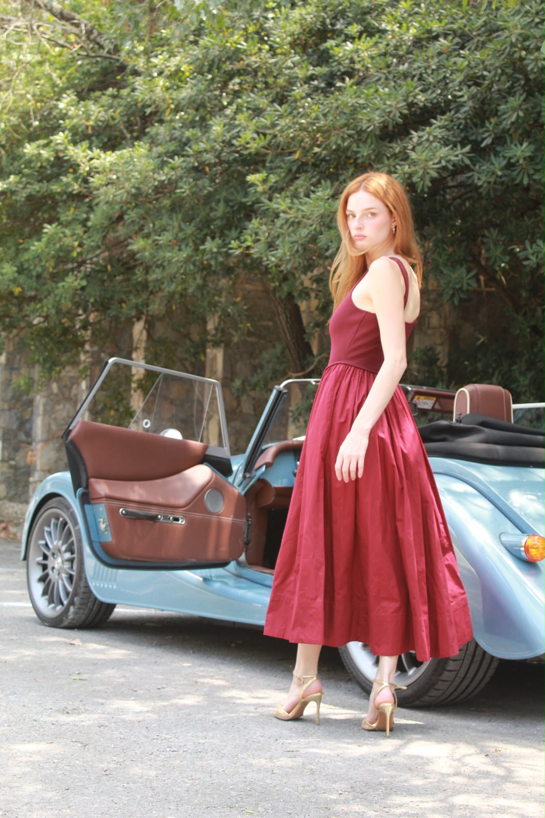Satin Gathered Dress — Burgundy
