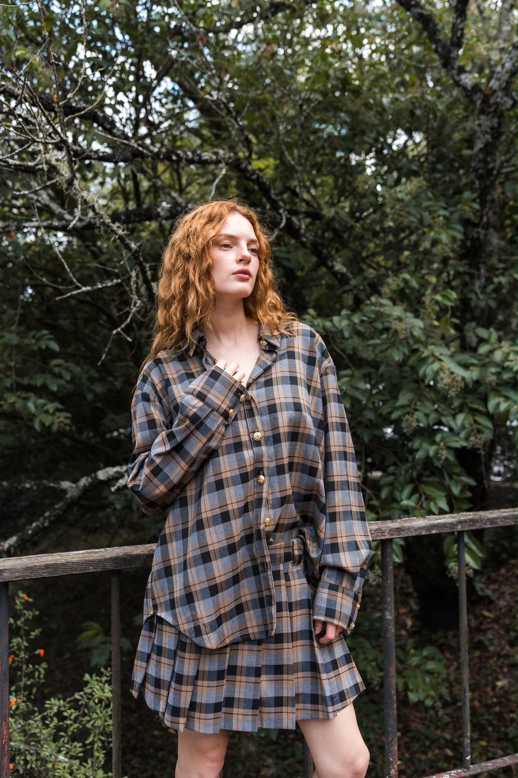 Celine Plaid Button-Down Shirt — Blue & Camel
