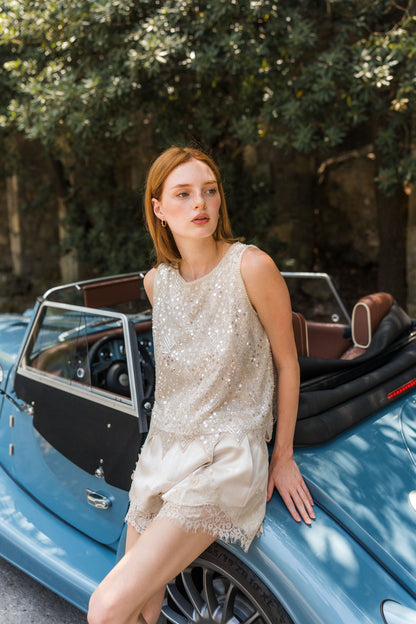 Clara Sequin Top — Ivory Beaded