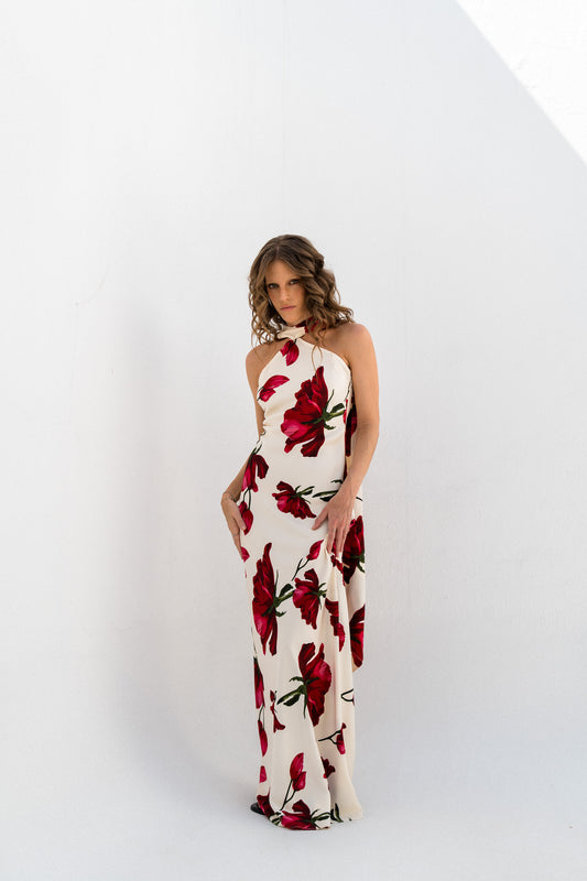 Marbella Red Roses Halter Maxi Dress