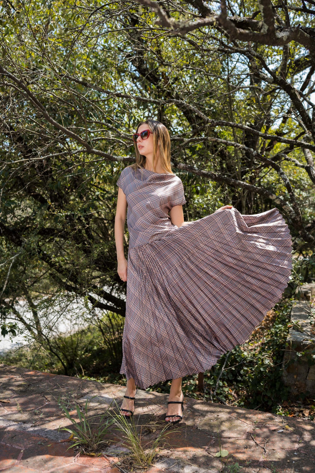 Pleated Blouse — Taupe Plaid