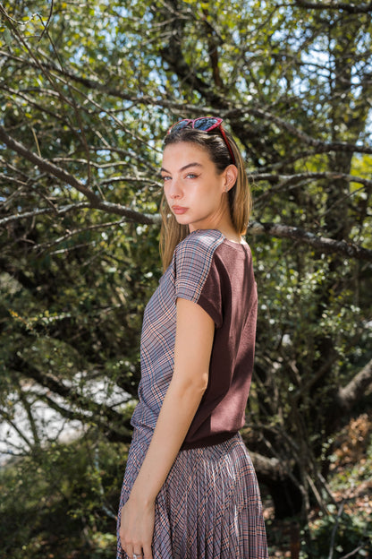 Pleated Blouse — Taupe Plaid