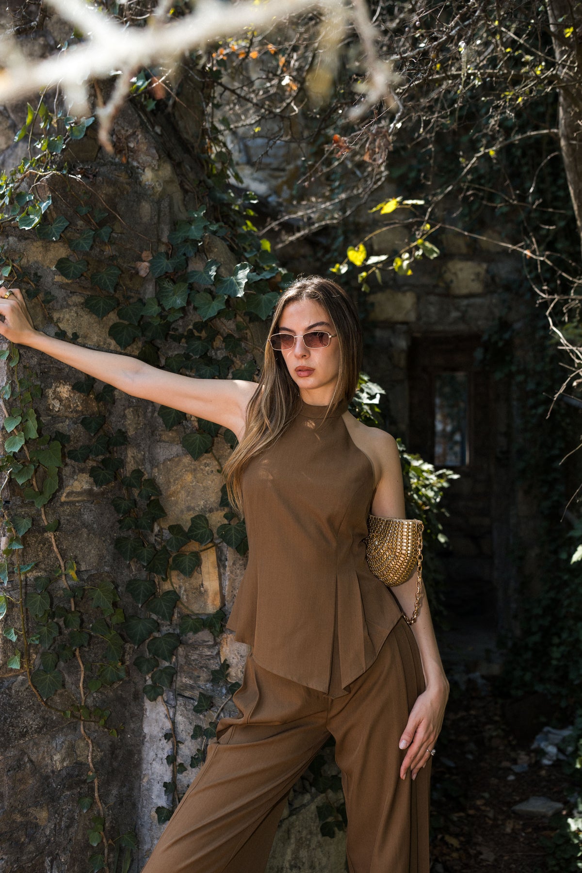 Wide Leg Pants — Chocolate Brown with Gold Button Detail