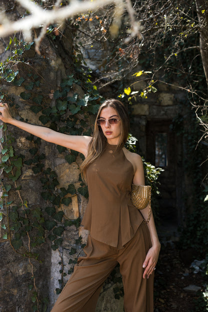 Wide Leg Pants — Chocolate Brown with Gold Button Detail