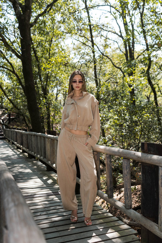 Relaxed Utility Cropped Jacket & Wide Leg Pants Set — Taupe Beige