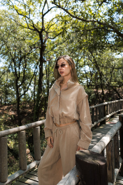 Relaxed Utility Cropped Jacket & Wide Leg Pants Set — Taupe Beige